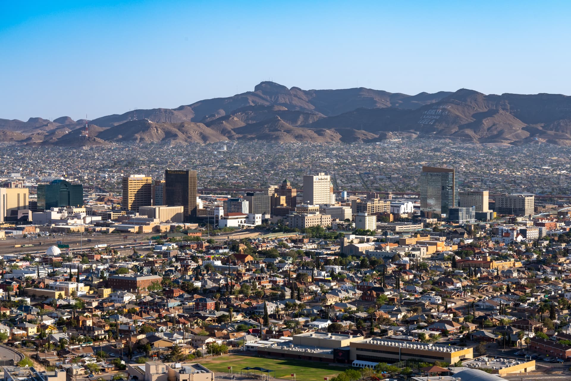 Aerial view of the El Paso skyline with the Franklin Mountains behind