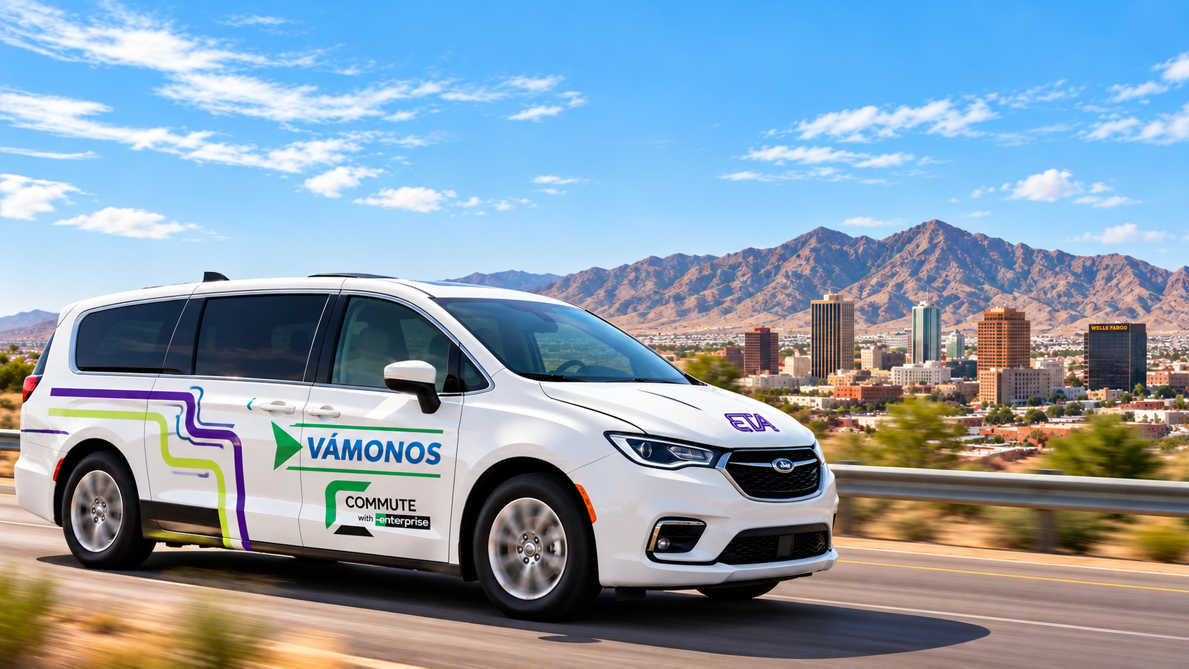 A Vamonos Vanpool van on the highway with the El Paso skyline and mountains behind