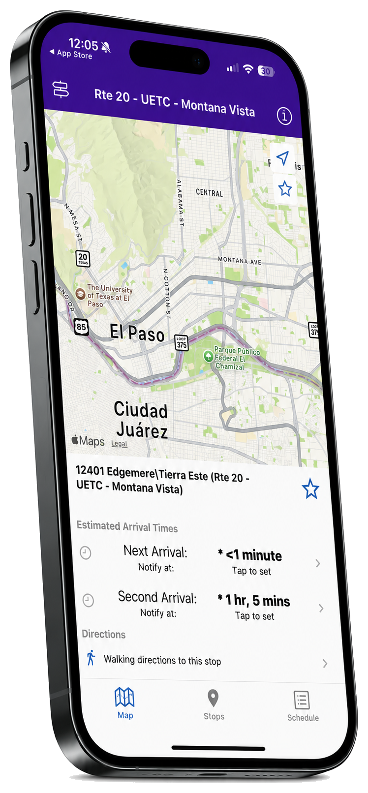 ETA Transit app on iPhone showing Route 20 UETC – Montana Vista with live arrival times