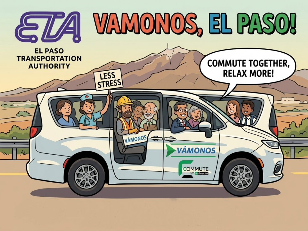 Illustration of a Vamonos vanpool van carrying commuters together with the text 'Vamonos, El Paso'